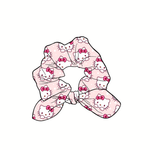 Hello Cute Kitty Hand Tied  Knotted Bow Scrunchie