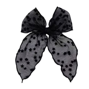 (Pre-Order) Black w/ Black Stars Large Serged Edge Pre-Tied Tulle Bow