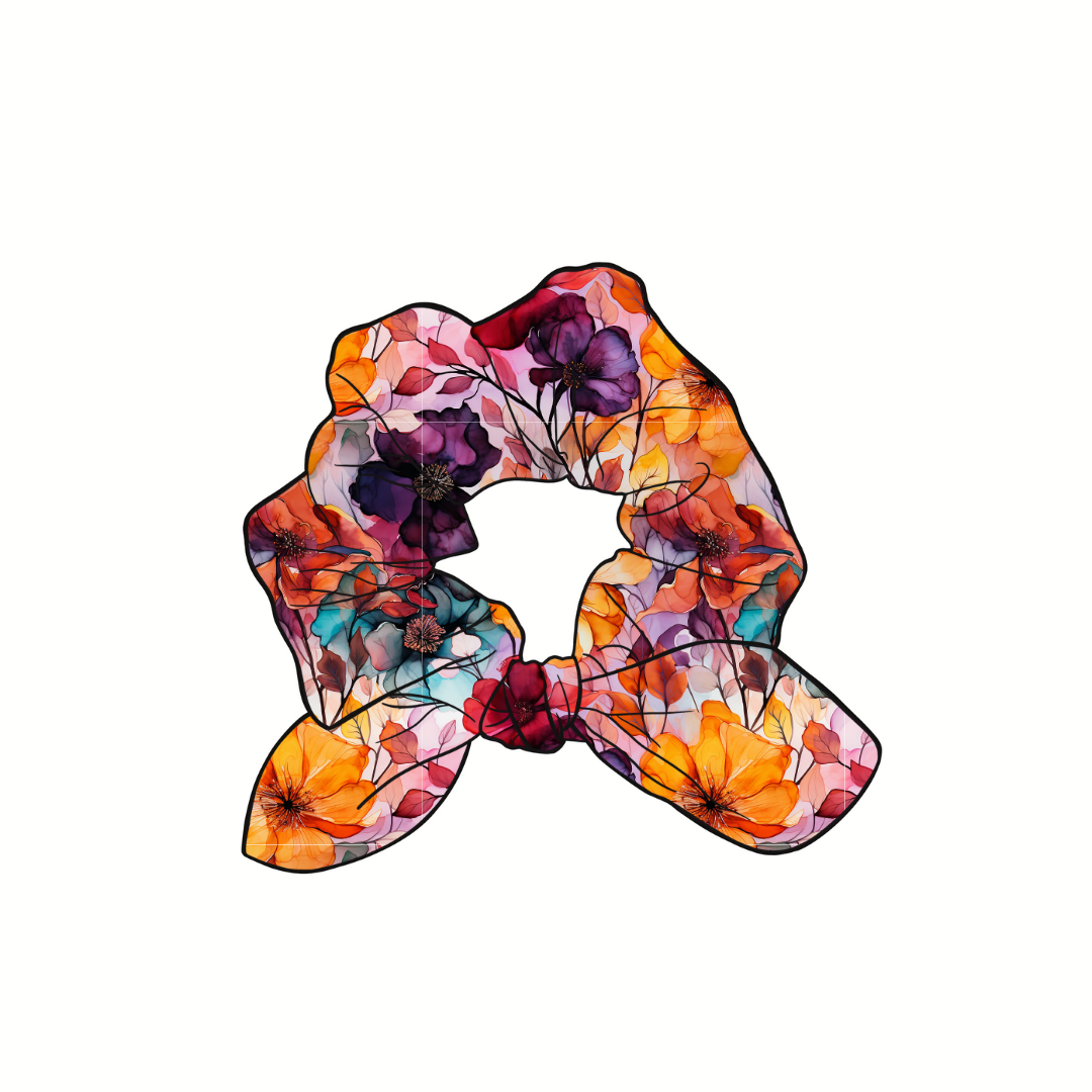 Alcohol Ink Floral Hand Tied  Knotted Bow Scrunchie