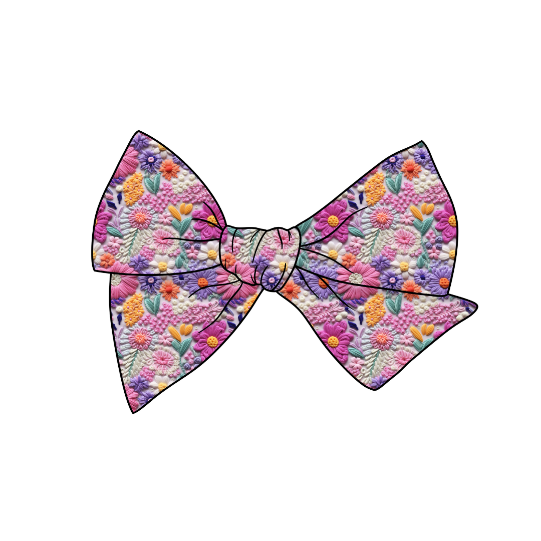 Embroidered Like Colorful Floral 5" Pre-Tied Fabric Bow