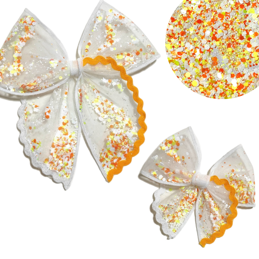 (Pre-Order) Candy Corn Sequin Serged Fancy Edge Shaker Bow