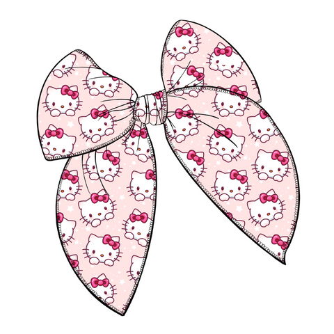 Hello Cute Kitty Large Serged Edge Pre-Tied Fabric Bow