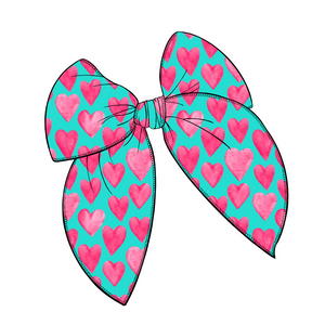 Teal with Pink Hearts Large Serged Edge Pre-Tied Fabric Bow