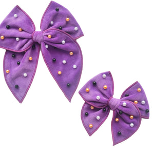 (Pre-Order) Purple Velvet Pearl Serged Edge Pre-Tied Fabric Bow
