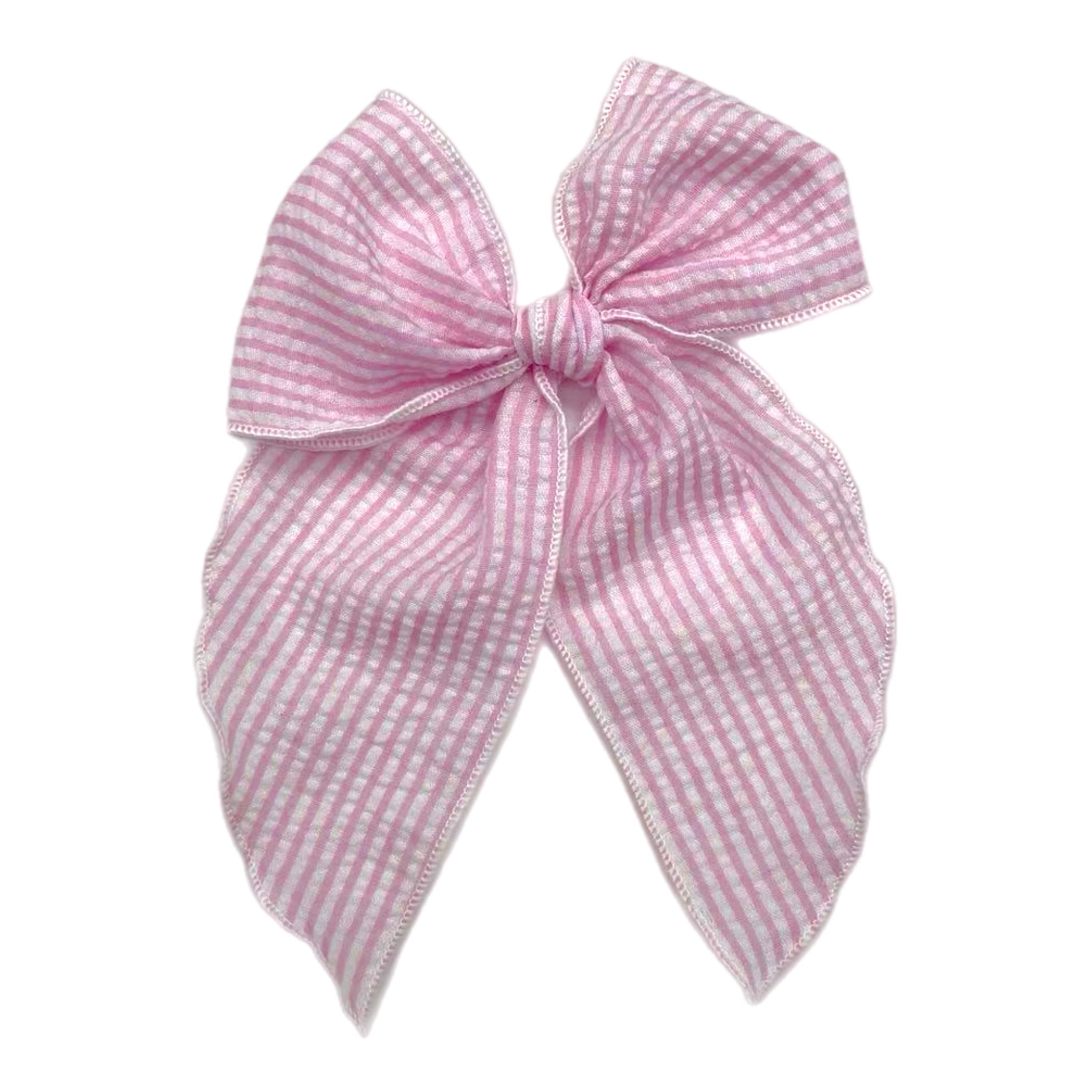 Light Pink Stripe Seersucker Large Serged Edge Pre-Tied Fabric Bow