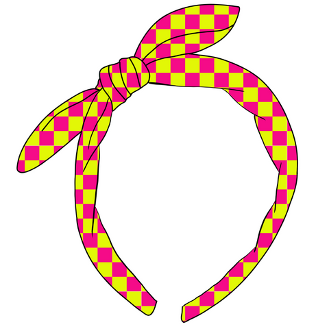 Hot Pink and Yellow Check Hand Tied Knotted Bow Swim Headband