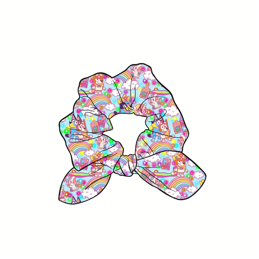 Rainbow & Blu Pups Hand Tied Knotted Bow Scrunchie