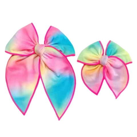 Hot Pink Serged Edge Tye Dye Pre-Tied Velvet Bow