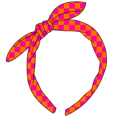 Hot Pink and Orange Check Hand Tied Knotted Bow Swim Headband