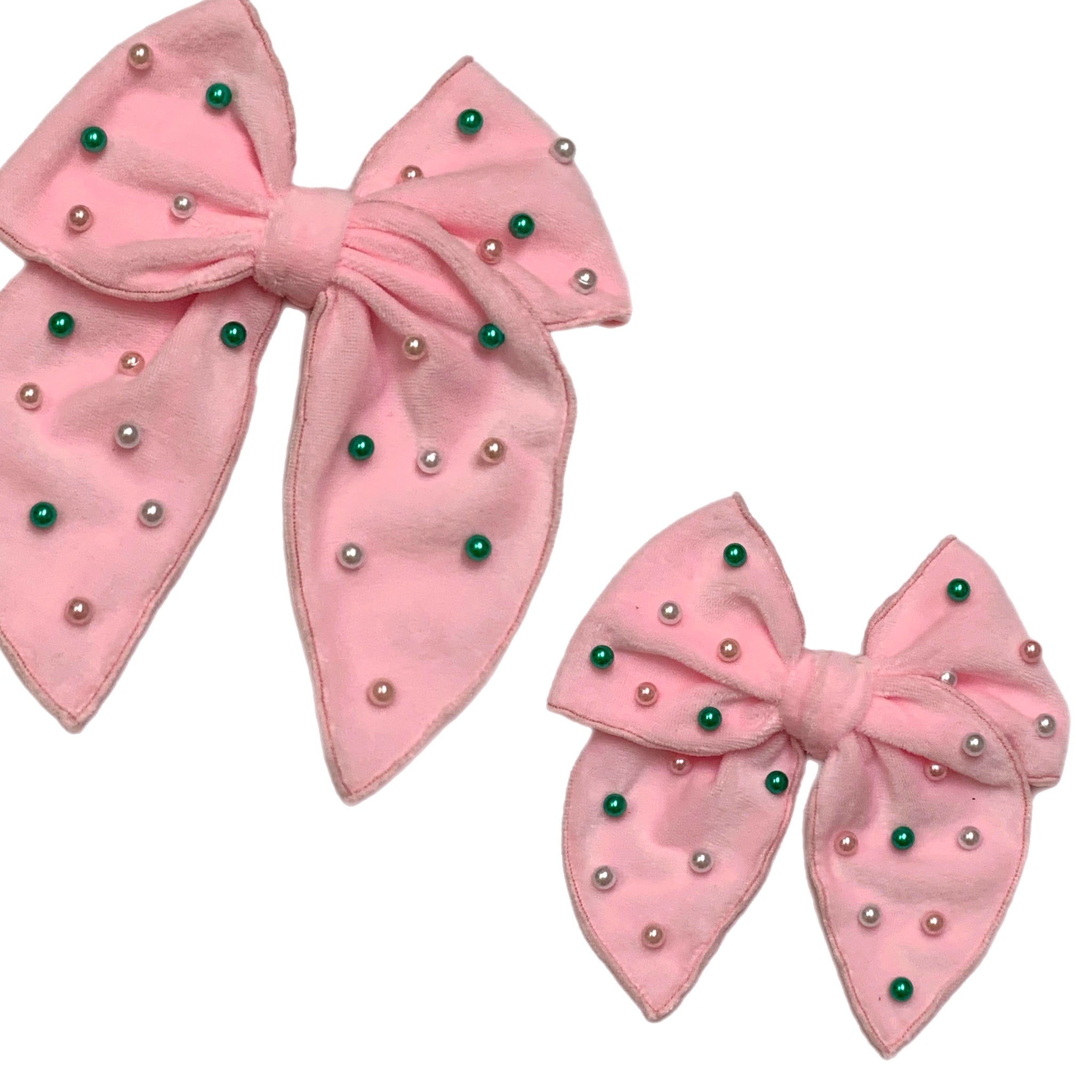 St. Paddys Pink Velvet Beaded Serged Edge Pre-Tied Fabric Bow