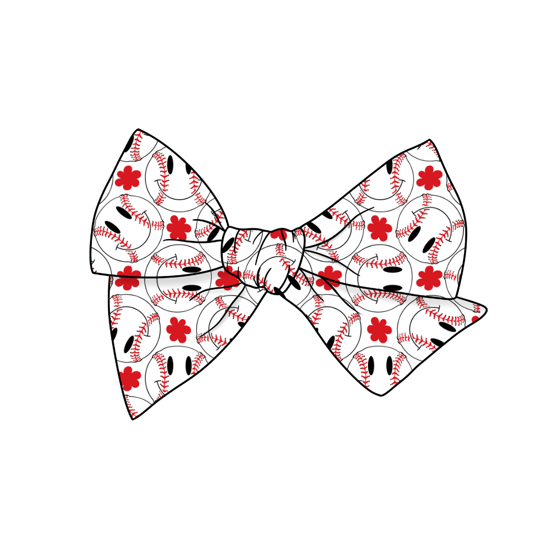 Baseball Smiley's 5" Pre-Tied Fabric Bow