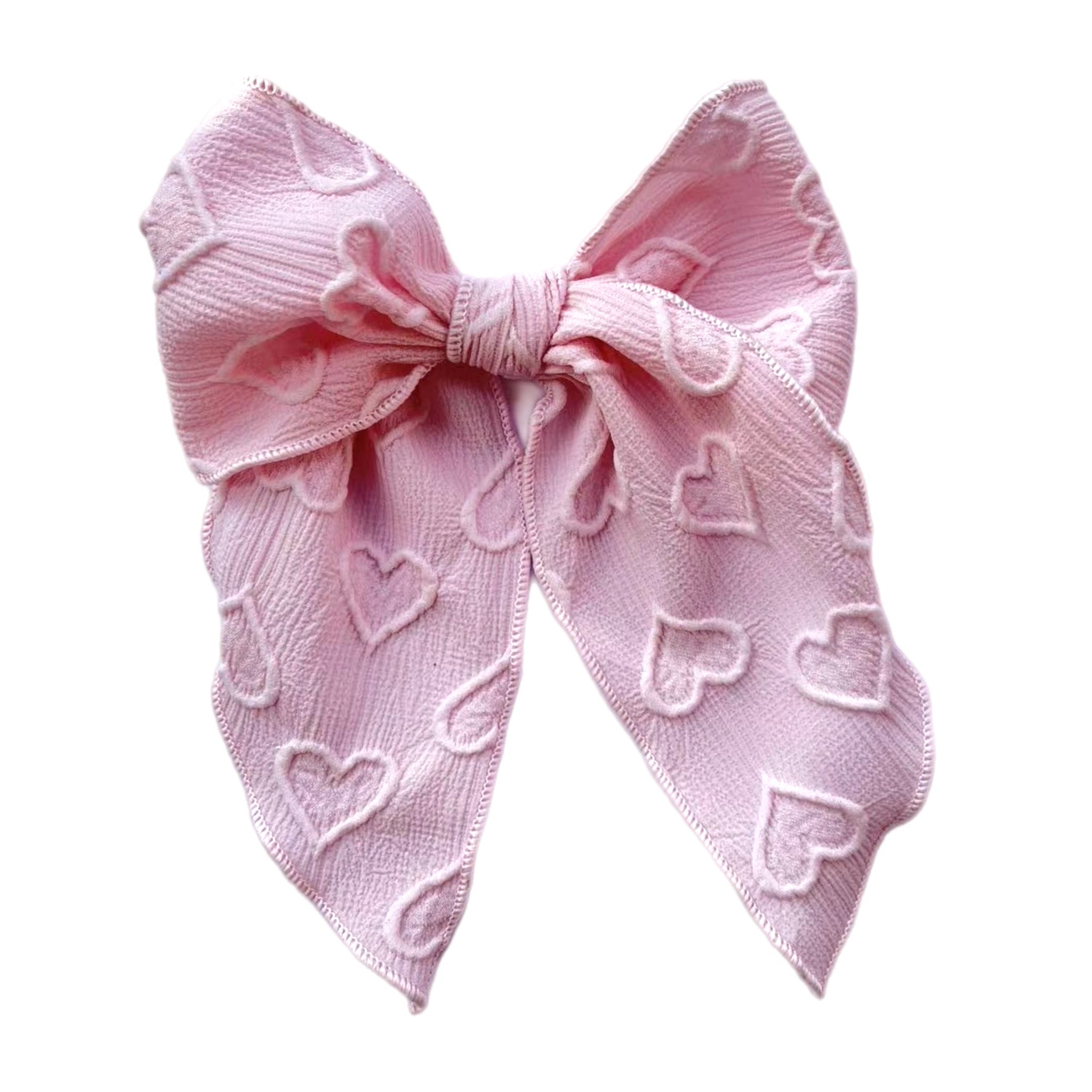 (Pre-Order) Pink Embossed Hearts Large Serged Edge Pre-Tied Fabric Bow