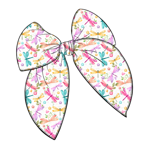 Colorful Dragonflies Large Serged Edge Pre-Tied Fabric Bow