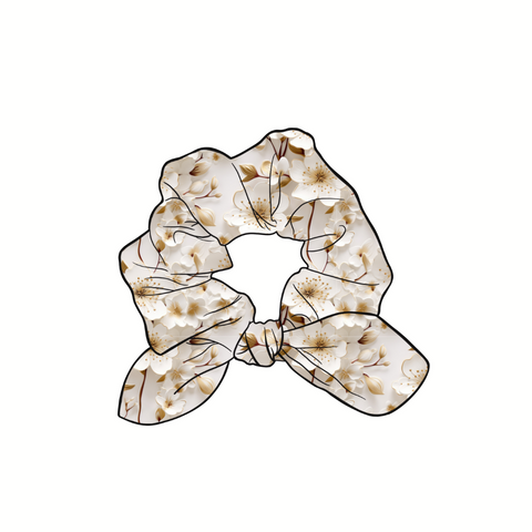 White Cherry Blossoms Hand Tied  Knotted Bow Scrunchie