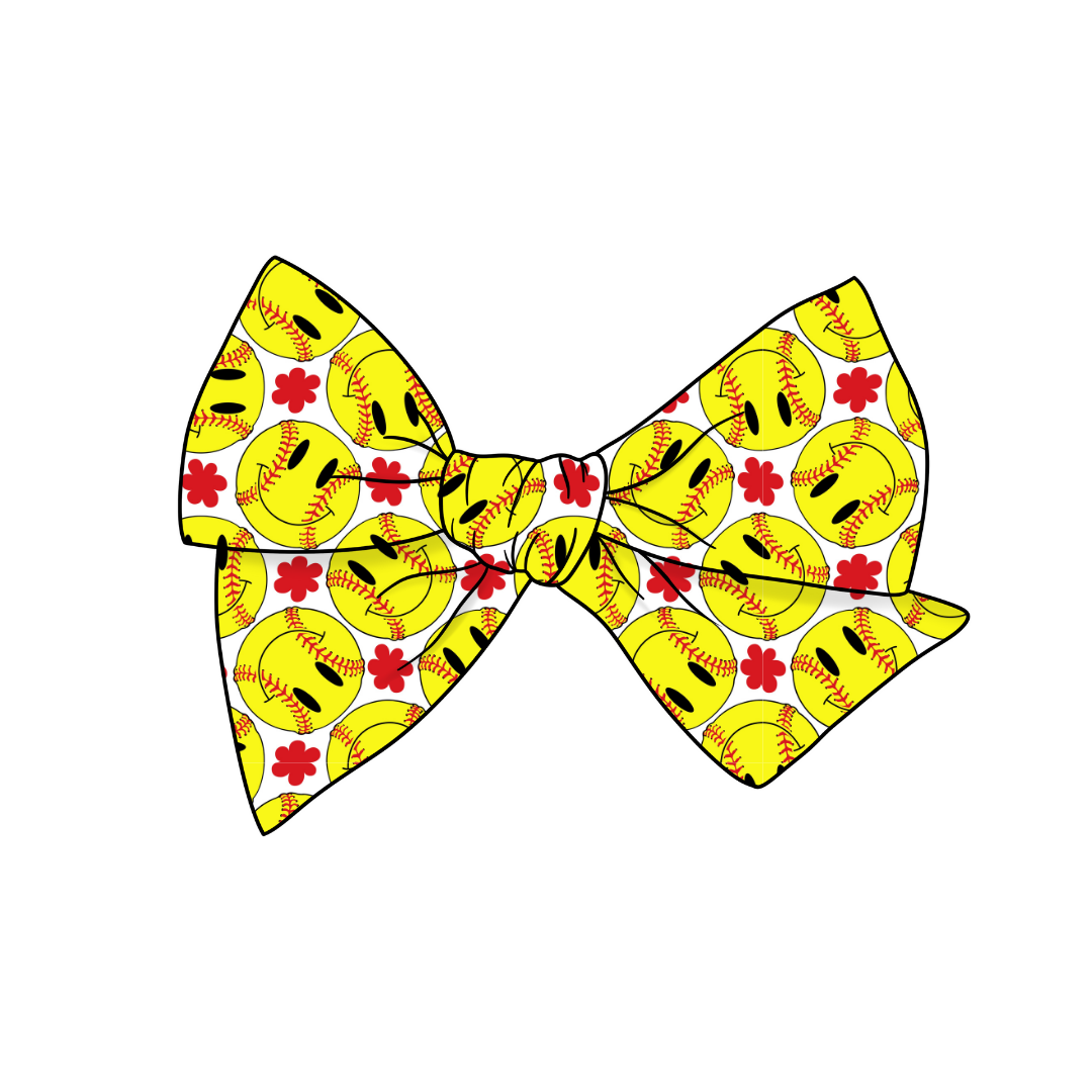 Softball Smiley's 5" Pre-Tied Fabric Bow