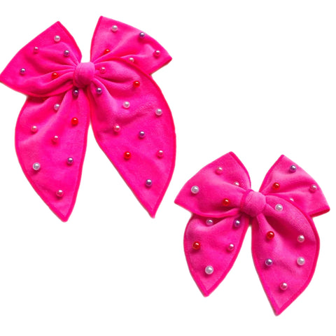 (Pre-Order) Hot Pink Velvet Pearl Serged Edge Pre-Tied Fabric Bow