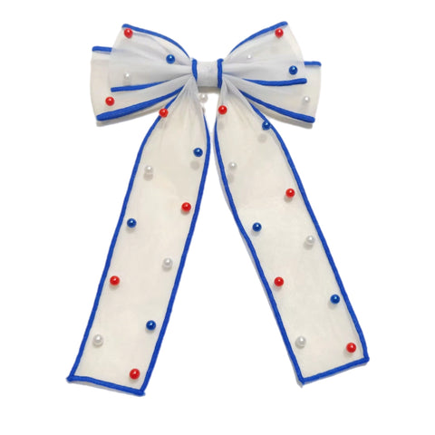Patriotic w/ Blue Trim Tulle Pearled Long Tail Bow
