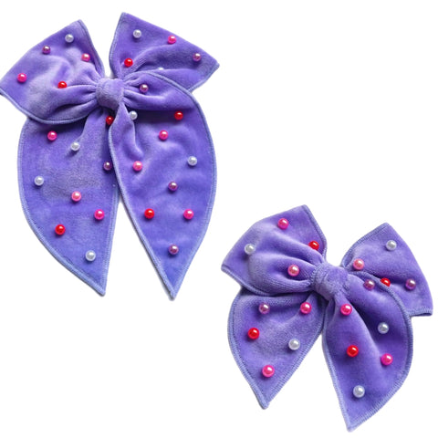 (Pre-Order) Purple Velvet Pearl Serged Edge Pre-Tied Fabric Bow