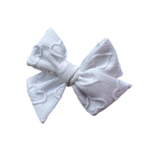 (Pre-Order) White Embossed Hearts 5" Pre-Tied Fabric Bow