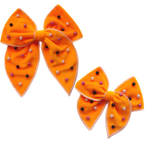(Pre-Order) Orange Velvet Pearl Serged Edge Pre-Tied Fabric Bow