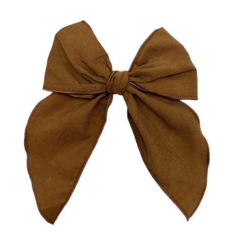 Chestnut Brown Corduroy Large Serged Edge Pre-Tied Fabric Bow