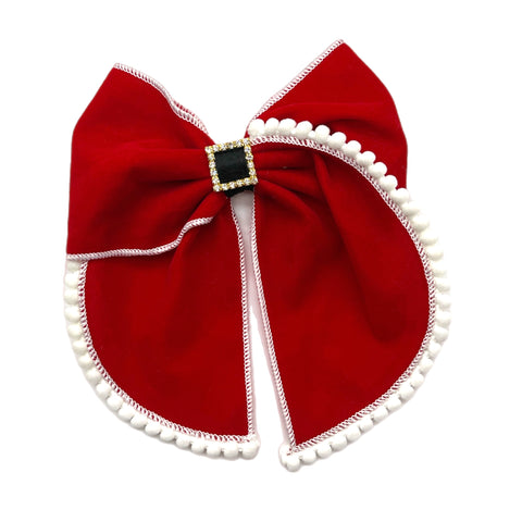 (Pre-Order) Santa Suit Pom Pom Large Serged Edge Pre-Tied Fabric Bow