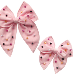 (Pre-Order) Pink Velvet Pearl Serged Edge Pre-Tied Fabric Bow