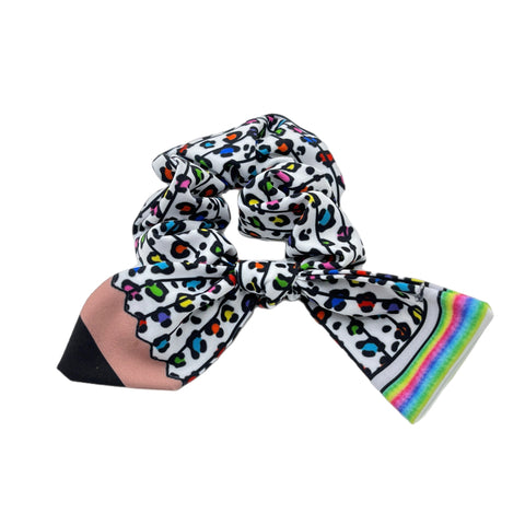 Rainbow Leopard Pencil Hand Tied Knotted Bow Scrunchie