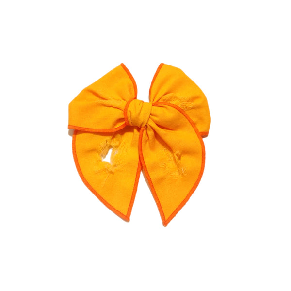 Distressed Sunny D Orange Linen Small Serged Edge Pre-Tied Fabric Bow
