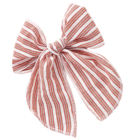 Red Pin Stripe Large Serged Edge Pre-Tied Fabric Bow