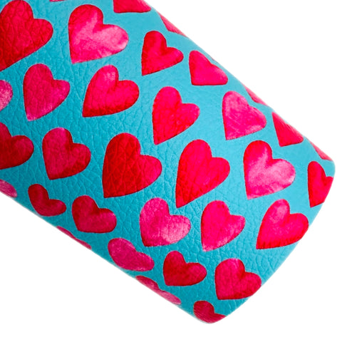 Teal with Pink Hearts Custom Faux Leather