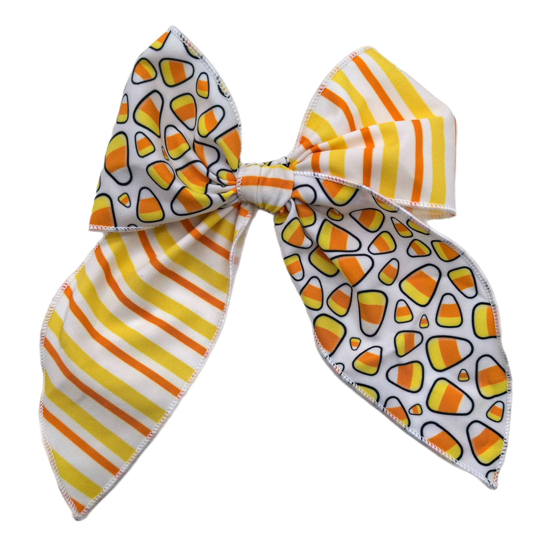 (Pre-Order) 2 Sided Candy Corn/ Stripe Large Serged Edge Pre-Tied Fabric Bow