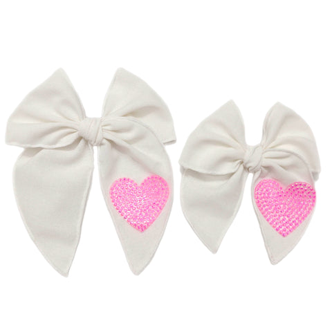 White Linen w/ Pink Diamond Heart Serged Edge Pre-Tied Fabric Bow