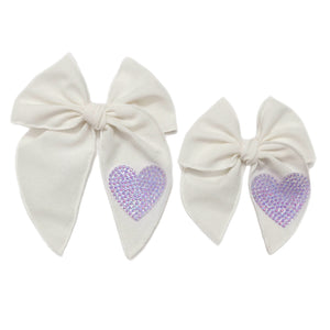 White Linen w/ Purple Diamond Heart Serged Edge Pre-Tied Fabric Bow