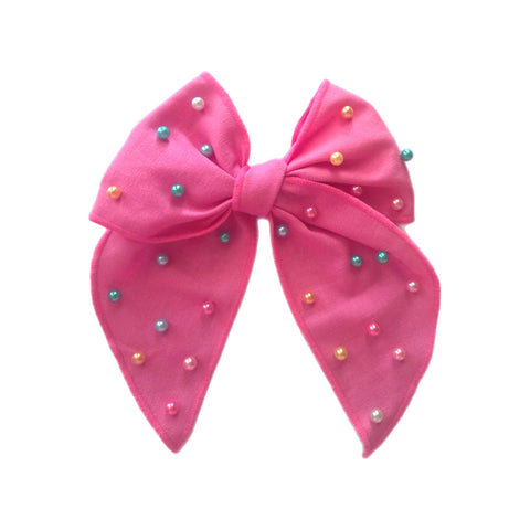 Pink Linen Pearl Pre-Tied Fabric Bow