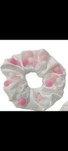 Pink & White Pom Poms Scrunchies