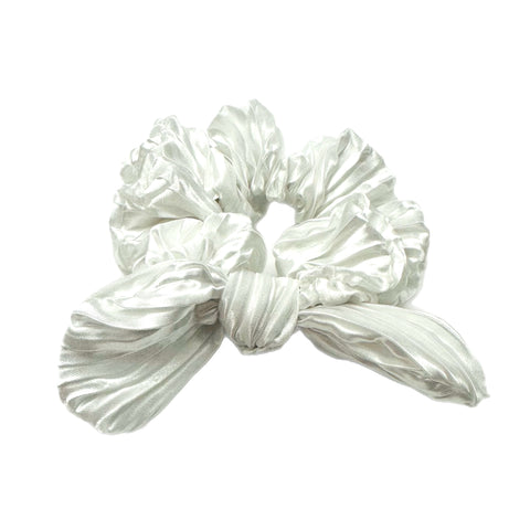 White Plisse Hand Tied Knotted Bow Scrunchie