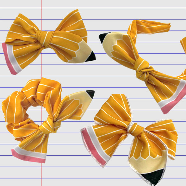 Yellow Pencil Hand Tied Knotted Bow Scrunchie