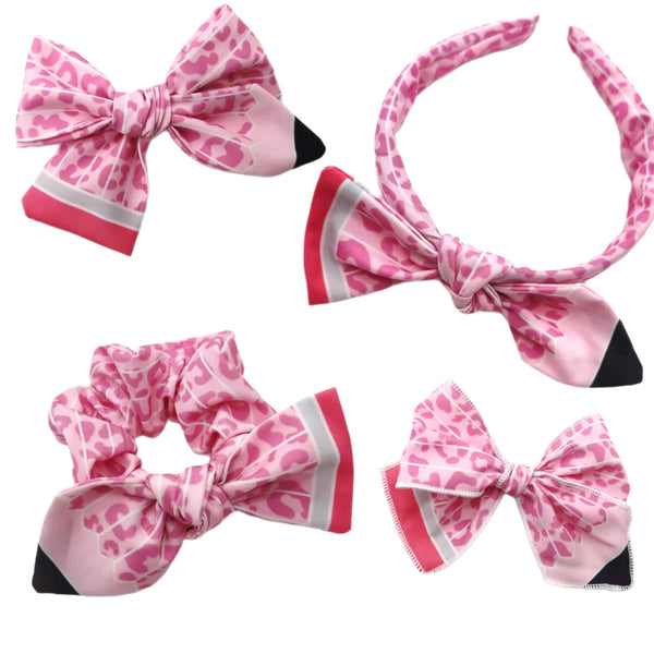 Pink Leopard Pencil Hand Tied Knotted Bow Scrunchie