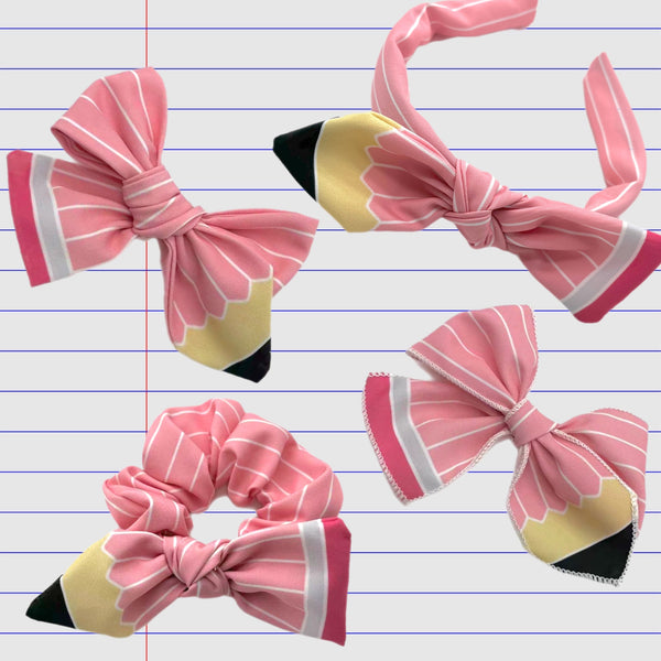 Pink Pencil Hand Tied Knotted Bow Scrunchie
