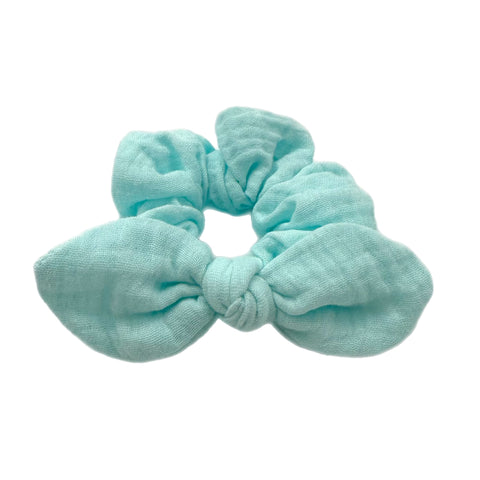 Aqua Muslin Hand Tied  Knotted Bow Scrunchie
