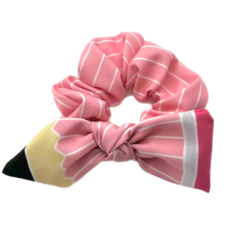 Pink Pencil Hand Tied Knotted Bow Scrunchie