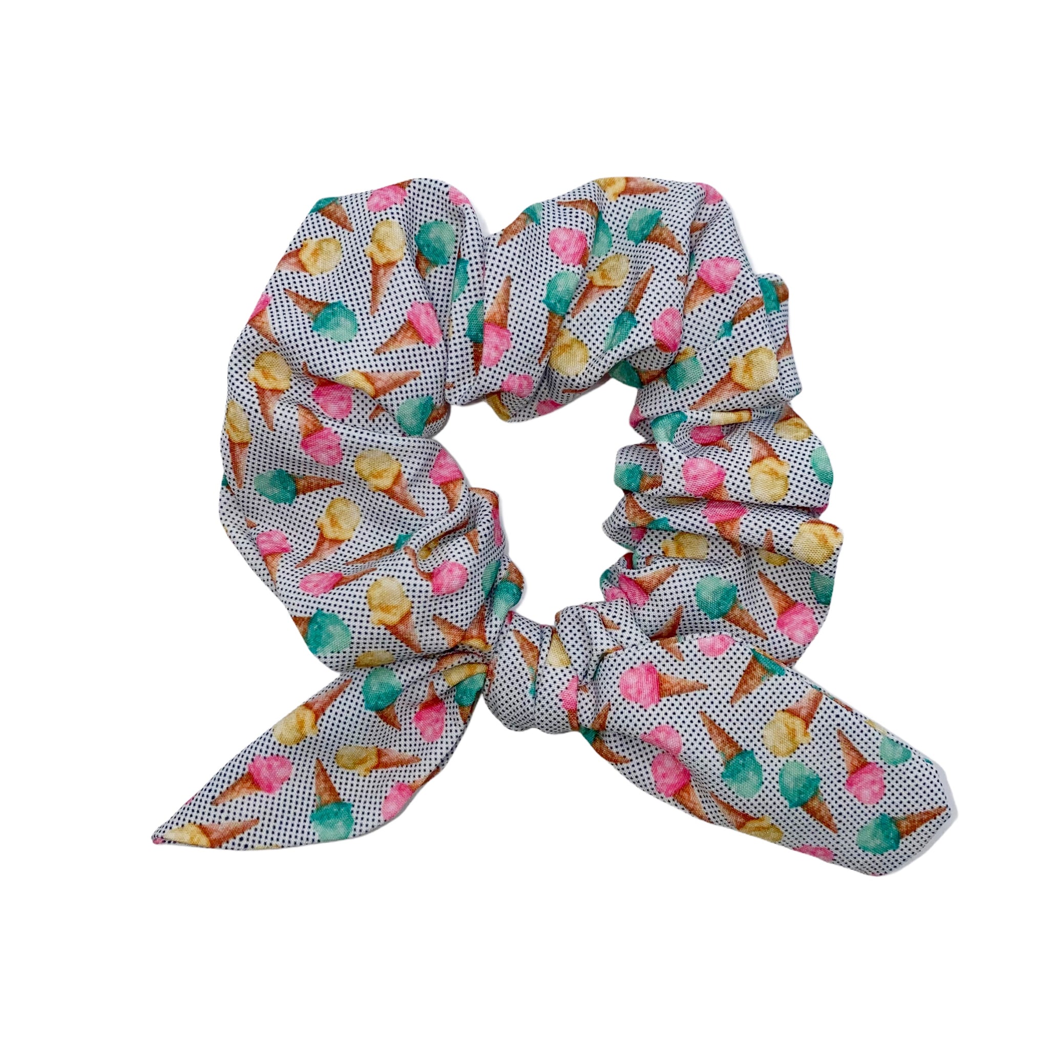 Polka Dot Ice Cream Hand Tied Knotted Bow Scrunchie