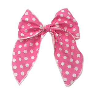 Pink w/ White Dots Large Serged Edge Pre-Tied Fabric Bow
