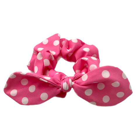 Pink w/ White Dots Hand Tied Knotted Bow Scrunchie