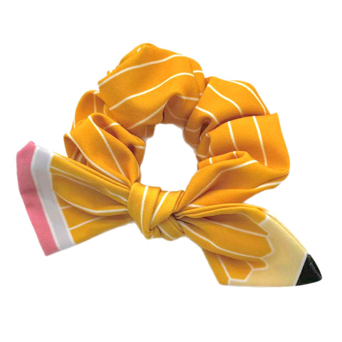 Yellow Pencil Hand Tied Knotted Bow Scrunchie