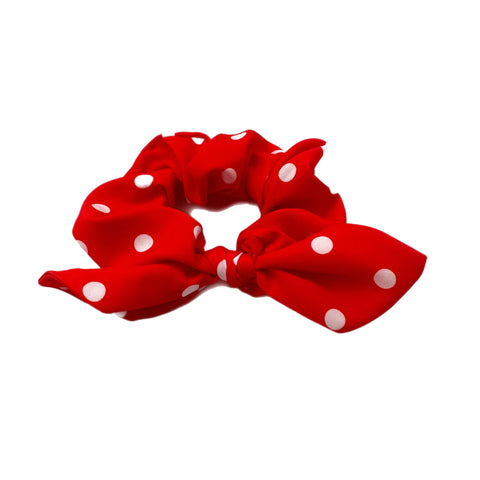 Red w/ White Dots Hand Tied Knotted Bow Scrunchie