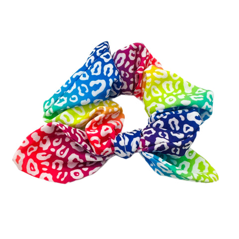 Ombre Rainbow Leopard Hand Tied Knotted Bow Scrunchie